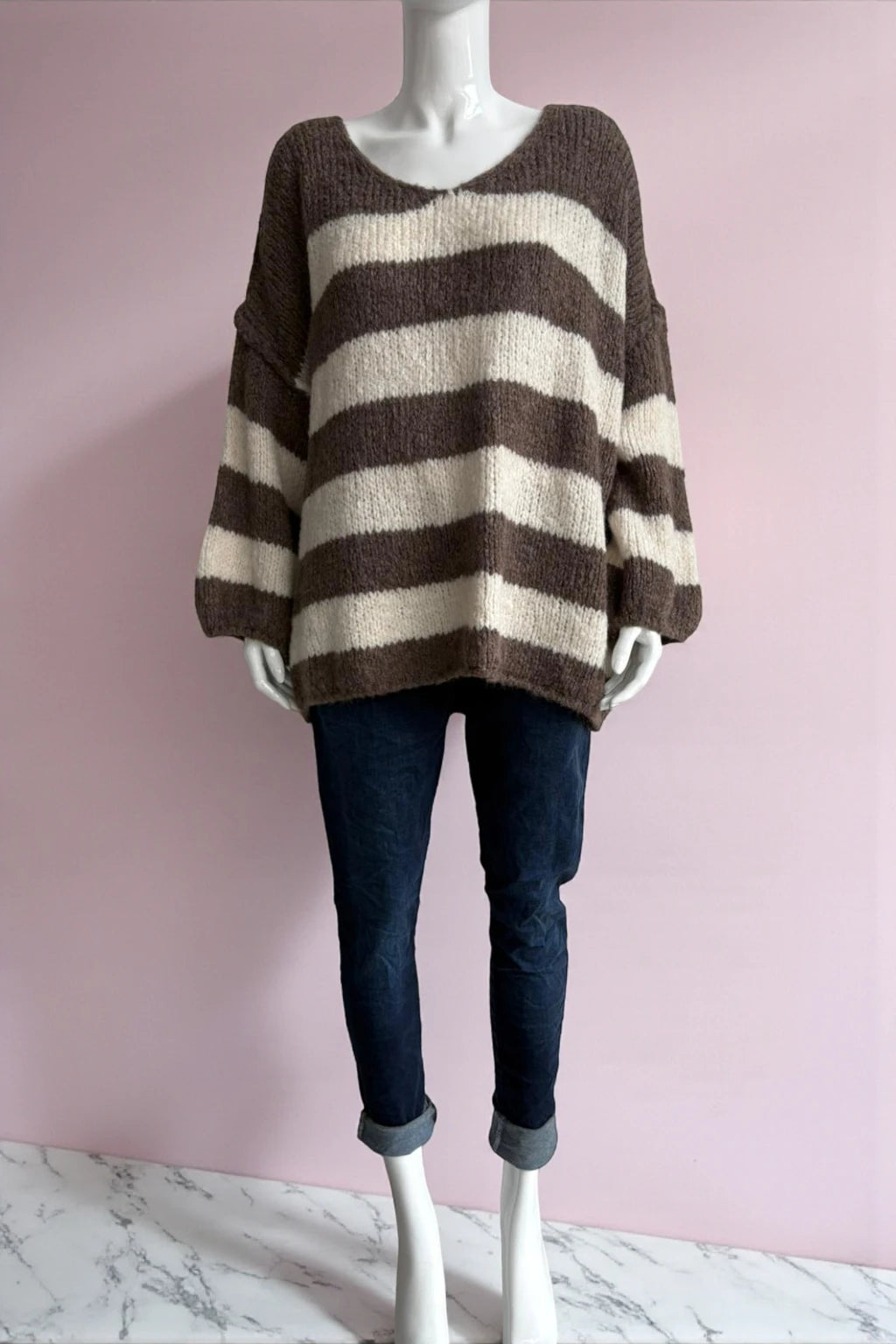 Wool V Neck Seam Out Stripe Jumper