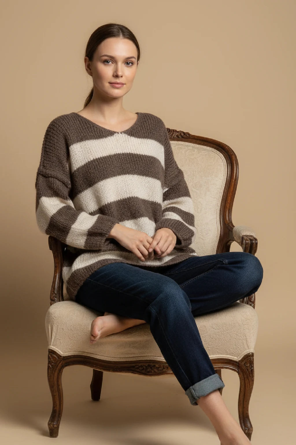 Wool V Neck Seam Out Stripe Jumper