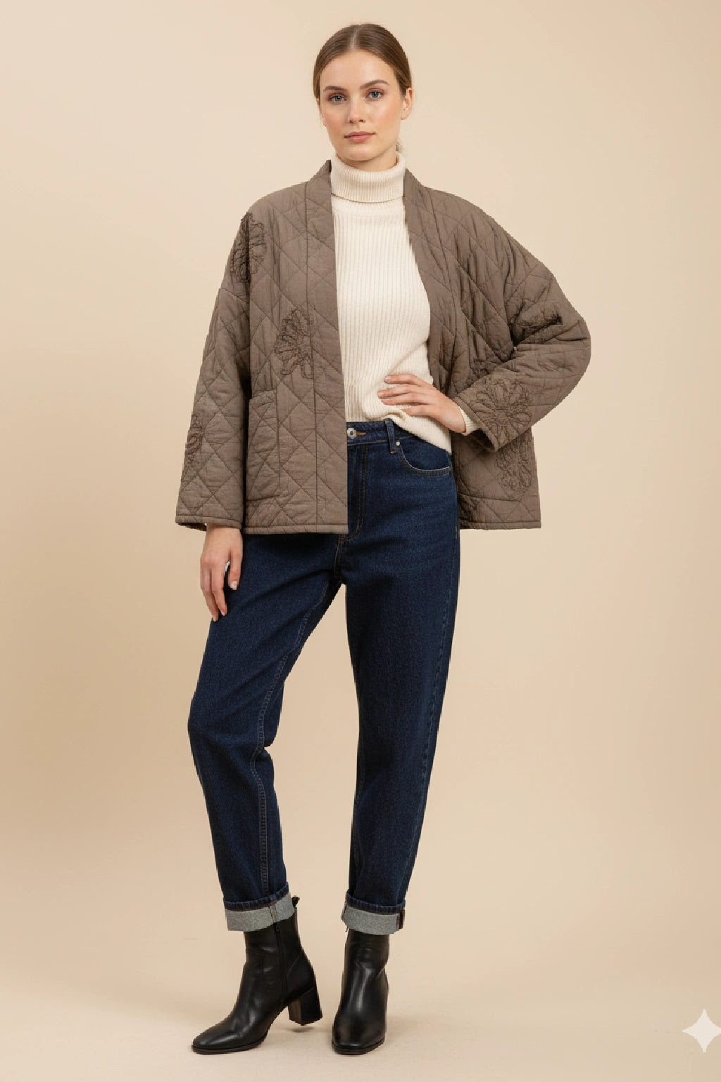 Quilted Kimono-Style Jacket with Floral Embroidery