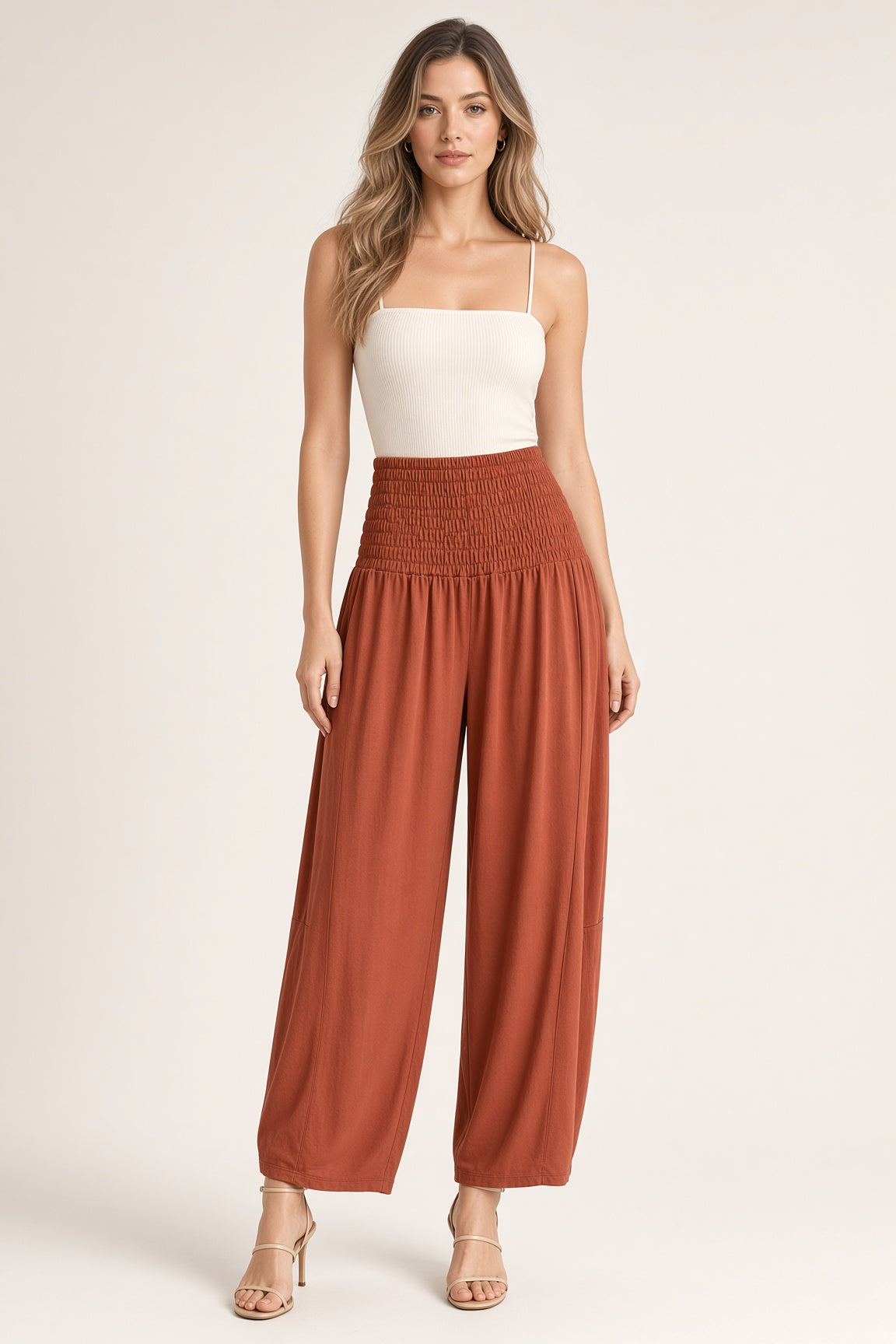 Shirred Elastic Barrel Leg Pant