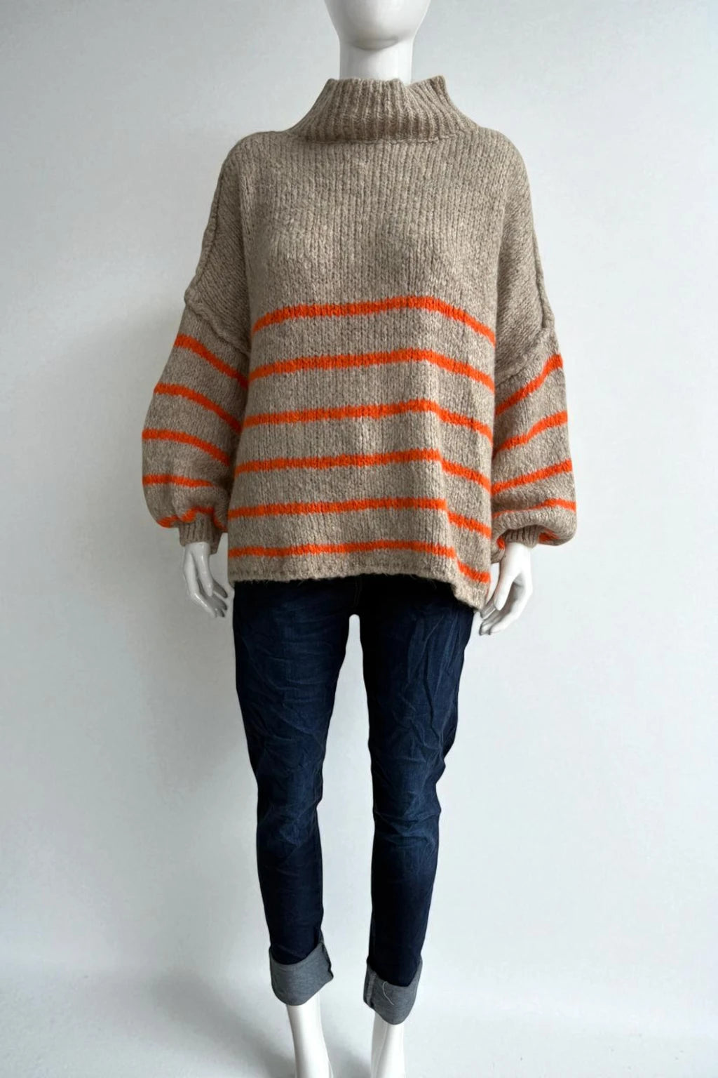 Wool Stripe Balloon Sleeve Jumper