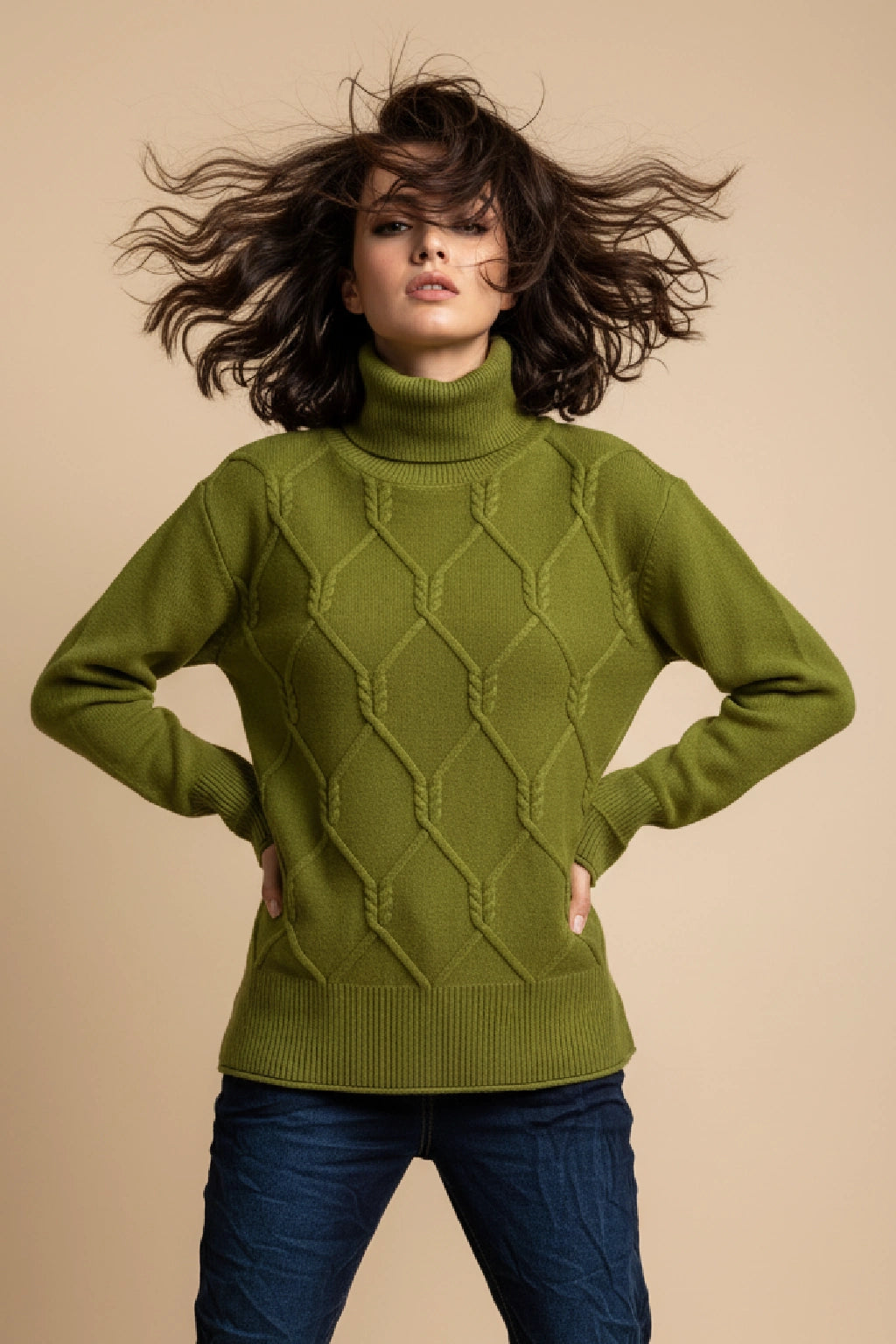 Women's Diamond Knit Polo Neck Jumper