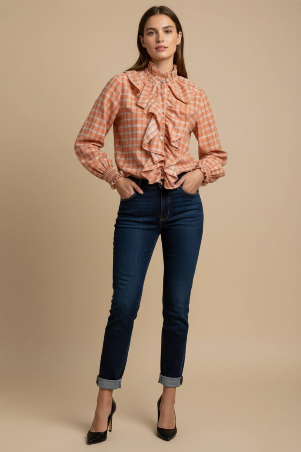 Made in Italy Cotton Plaid Frill Blouse