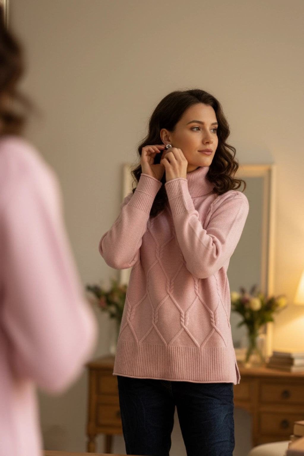 Women's Diamond Knit Polo Neck Jumper