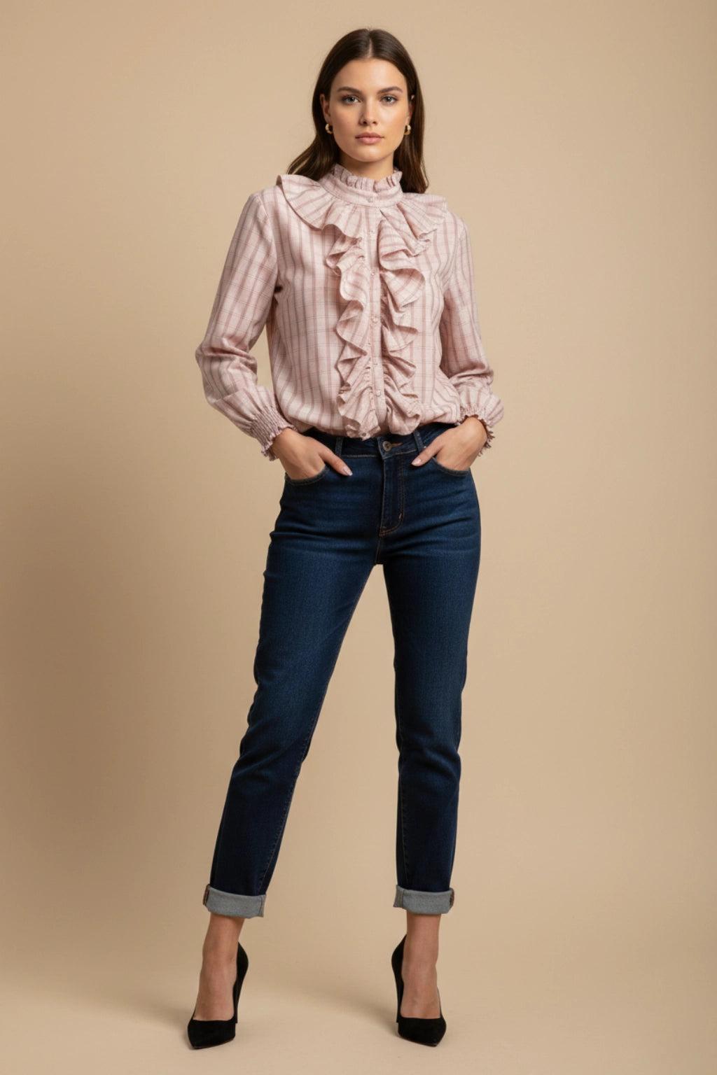 Made in Italy Cotton Plaid Frill Blouse