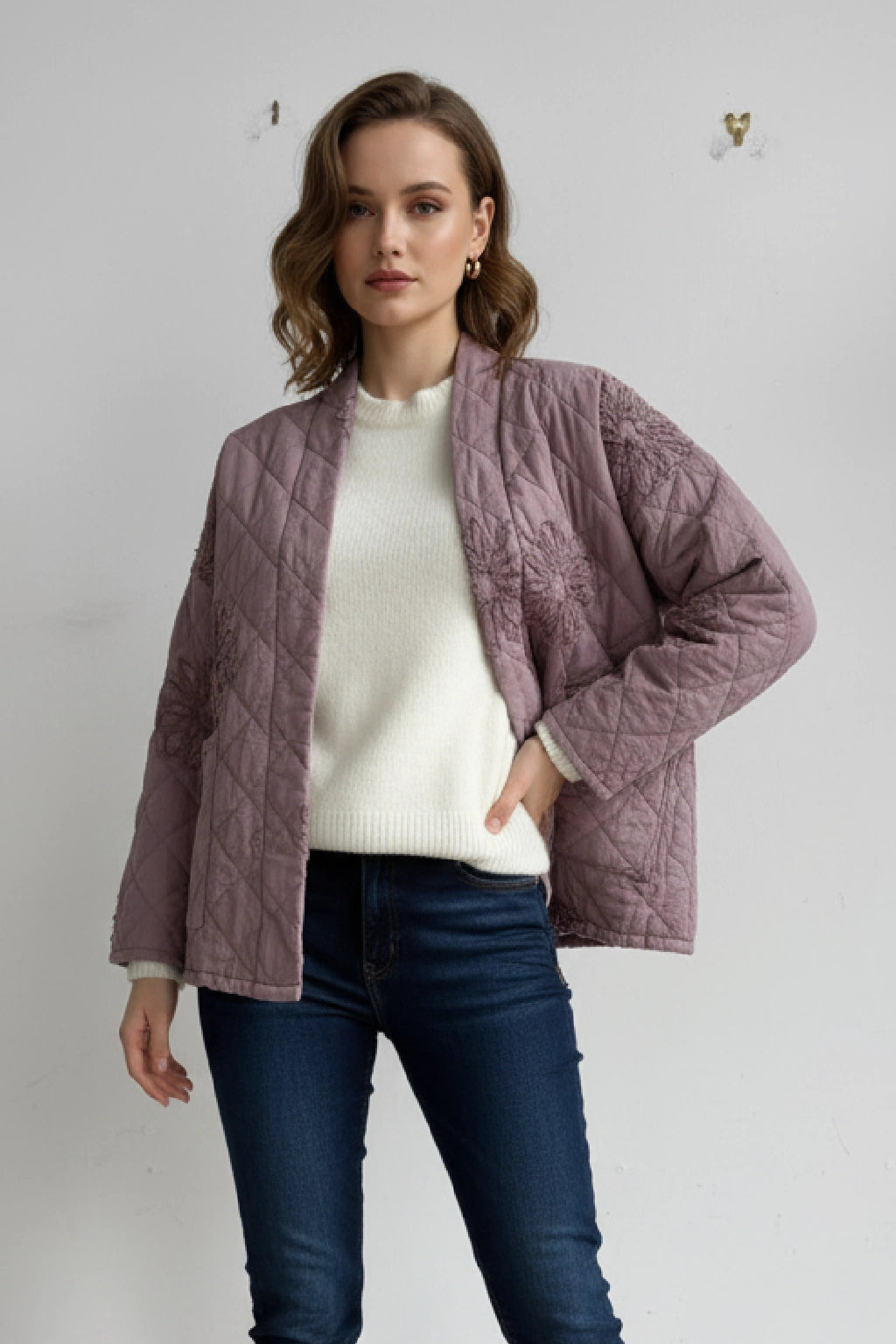 Quilted Kimono-Style Jacket with Floral Embroidery