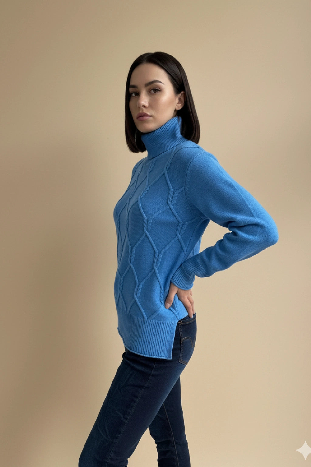 Women's Diamond Knit Polo Neck Jumper