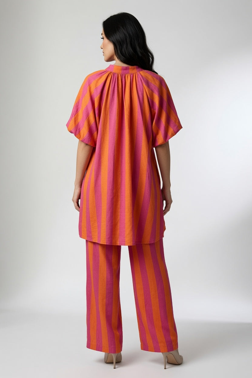 Stripe V Neck Balloon Sleeve Dress