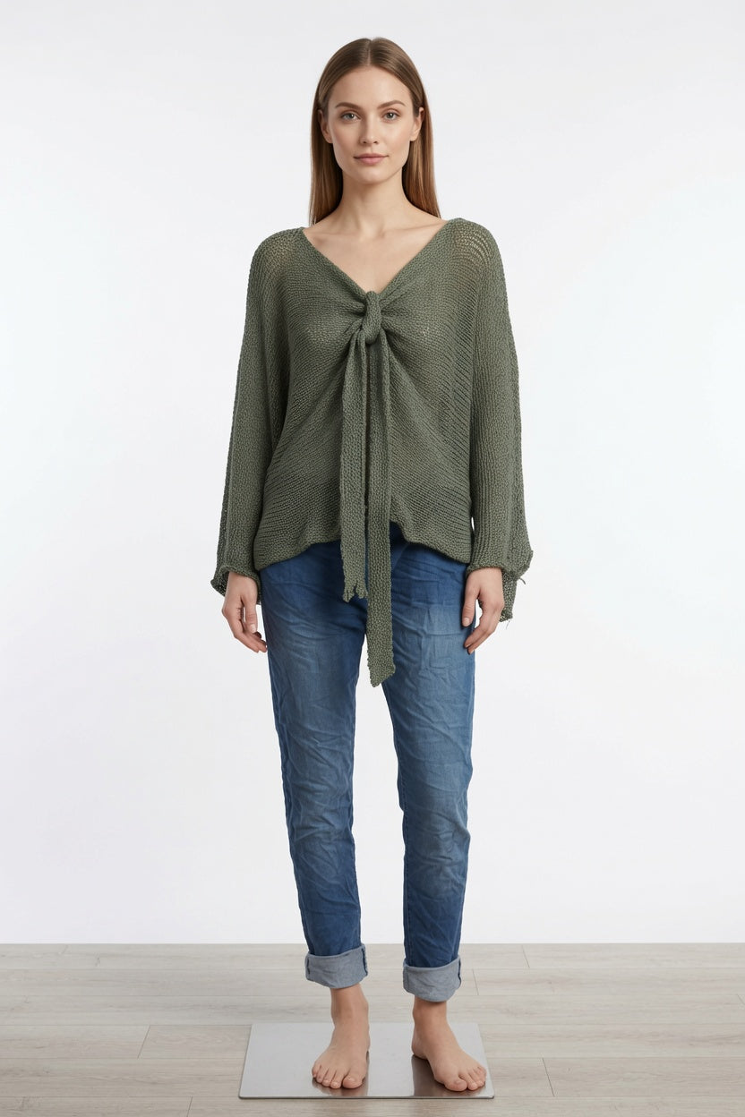 Tie Ruched Cotton Knit Top