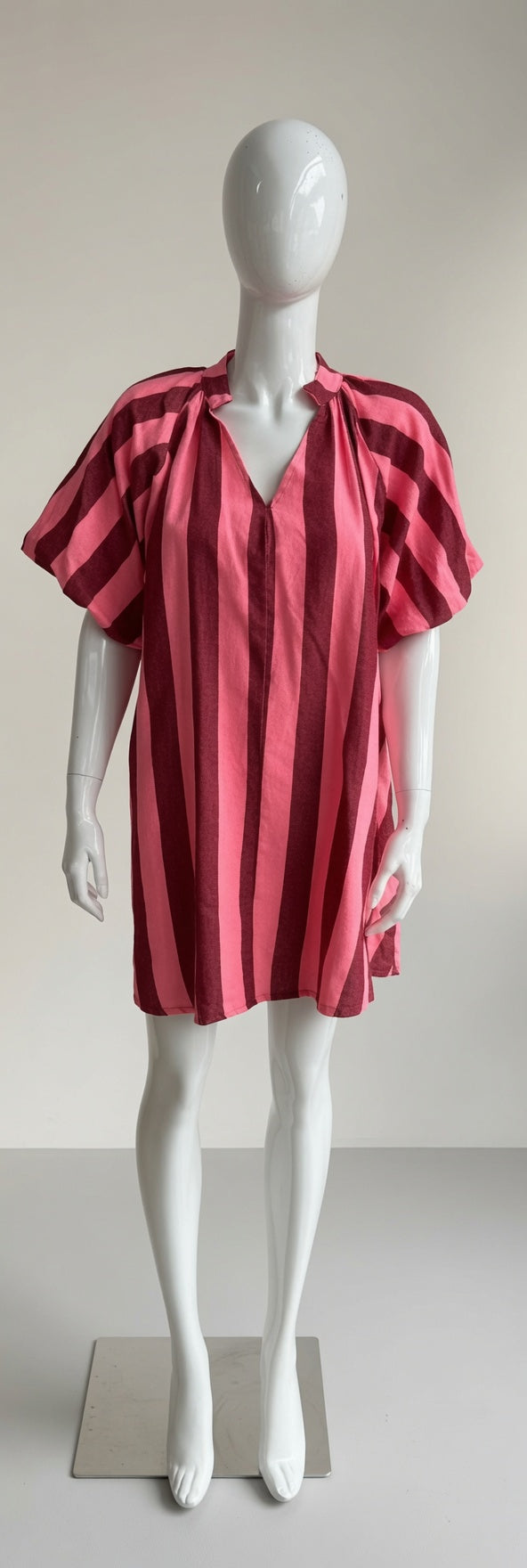 Stripe V Neck Balloon Sleeve Dress