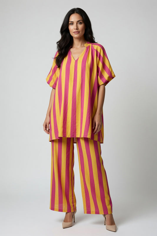 Stripe V Neck Balloon Sleeve Dress