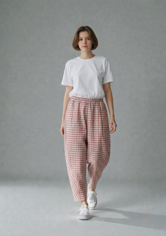 Made in Italy Gingham barrel Leg Plaid Pant