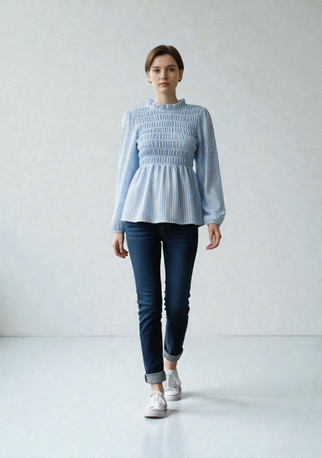 Women's Gingham Shirred Elasticated Blouse