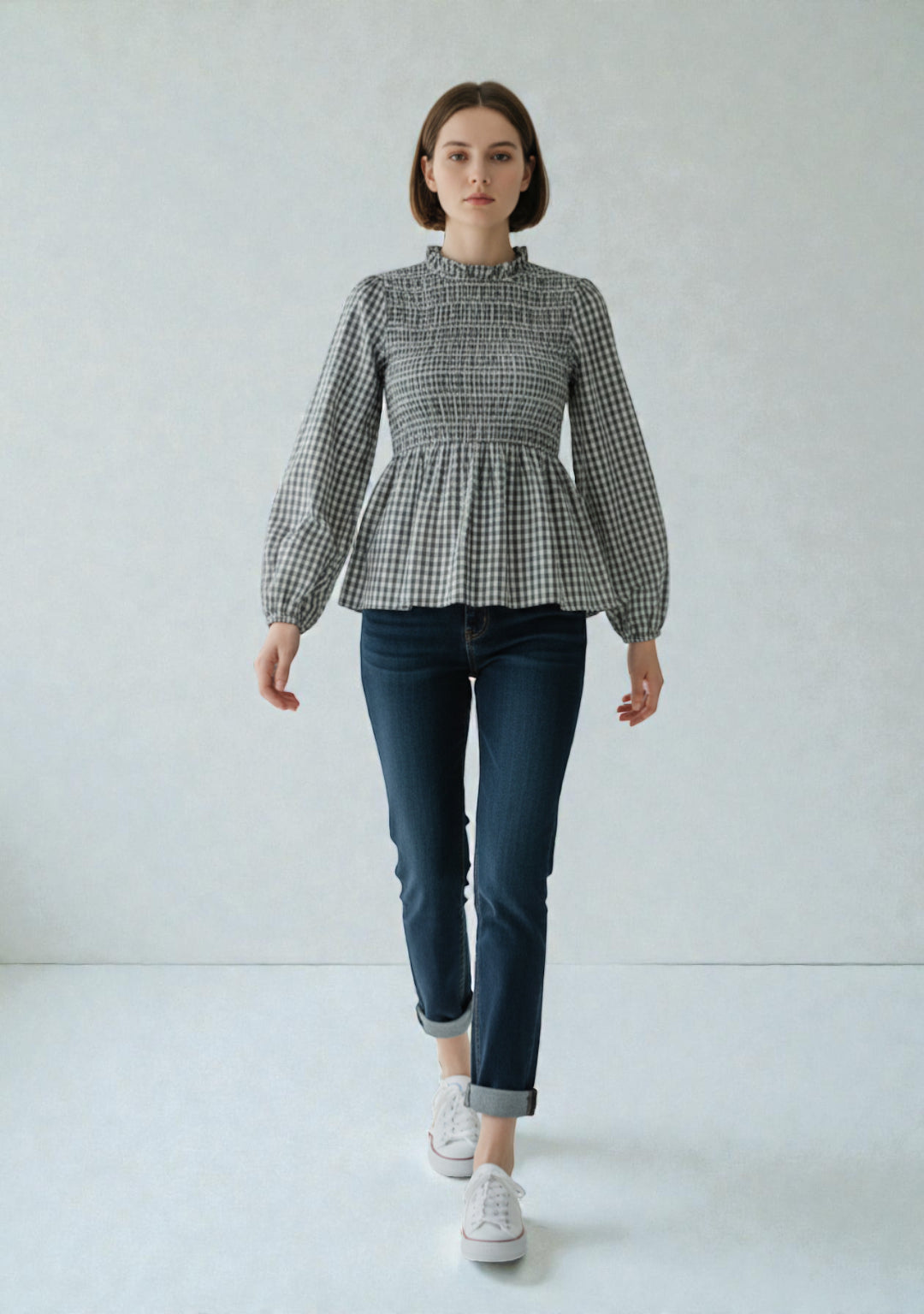 Women's Gingham Shirred Elasticated Blouse