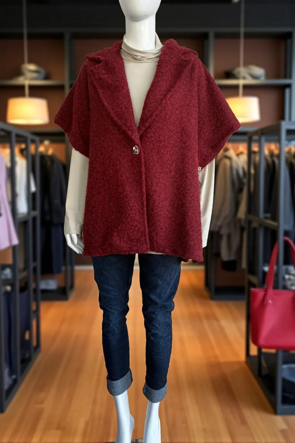 Women's Textured Wool Sleeveless Cape Jacket with Side Buttons