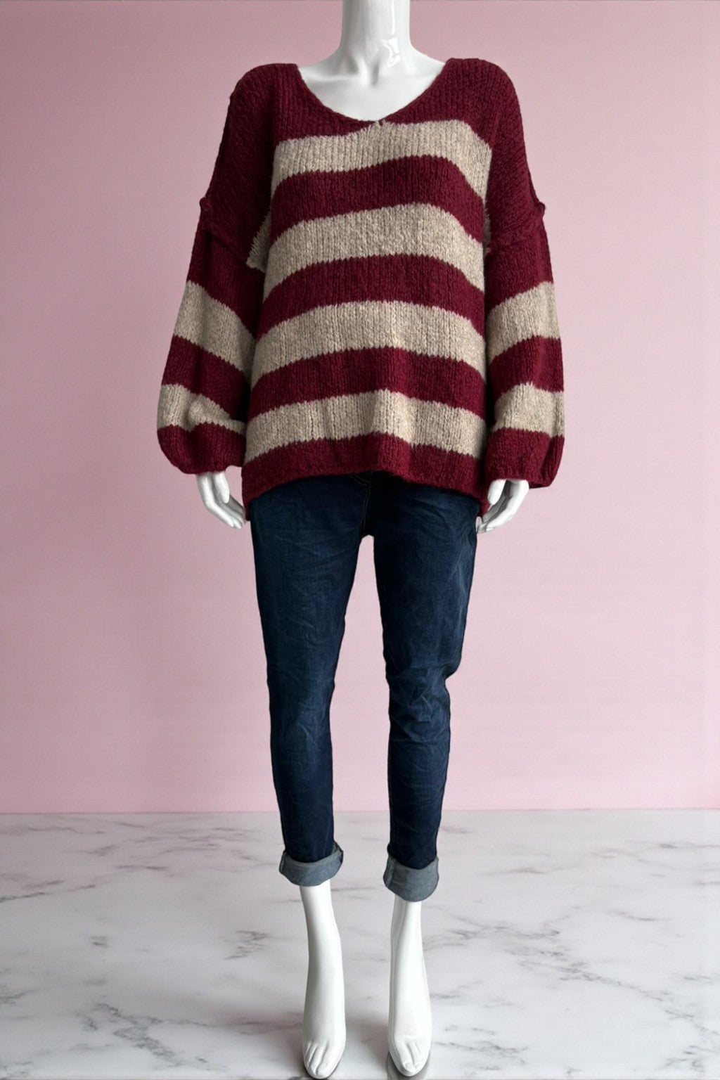 Wool V Neck Seam Out Stripe Jumper