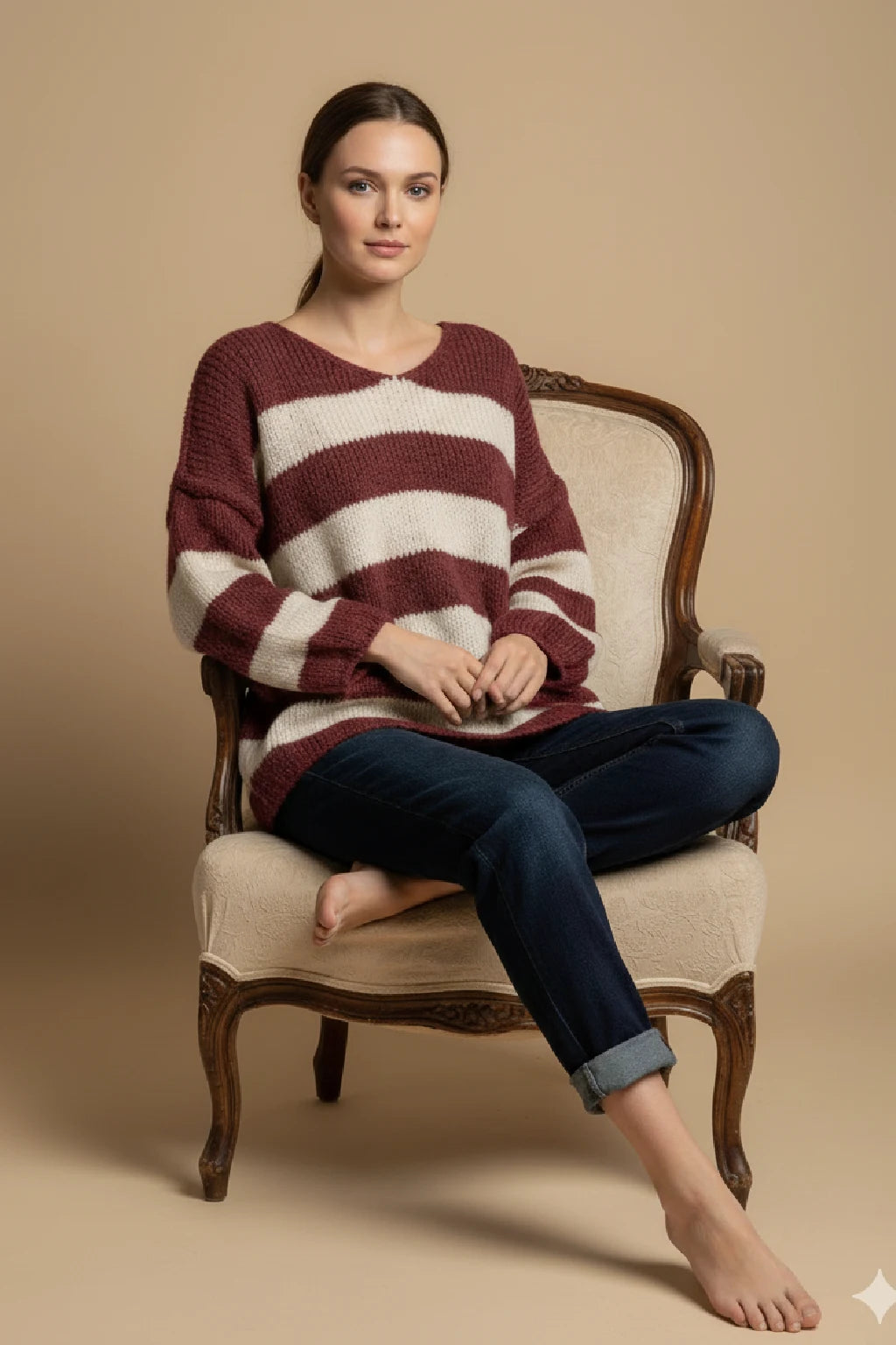 Wool V Neck Seam Out Stripe Jumper