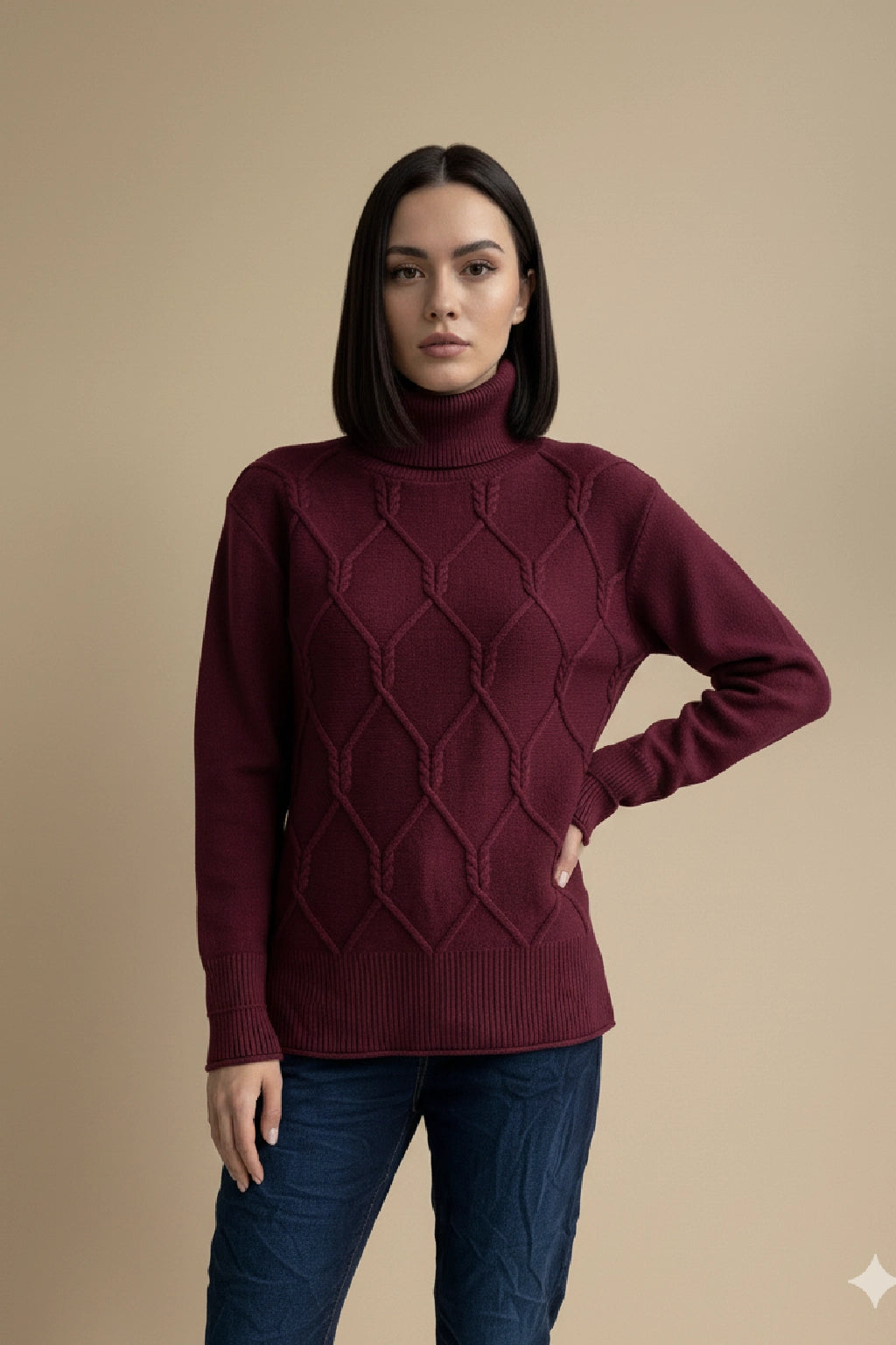 Women's Diamond Knit Polo Neck Jumper