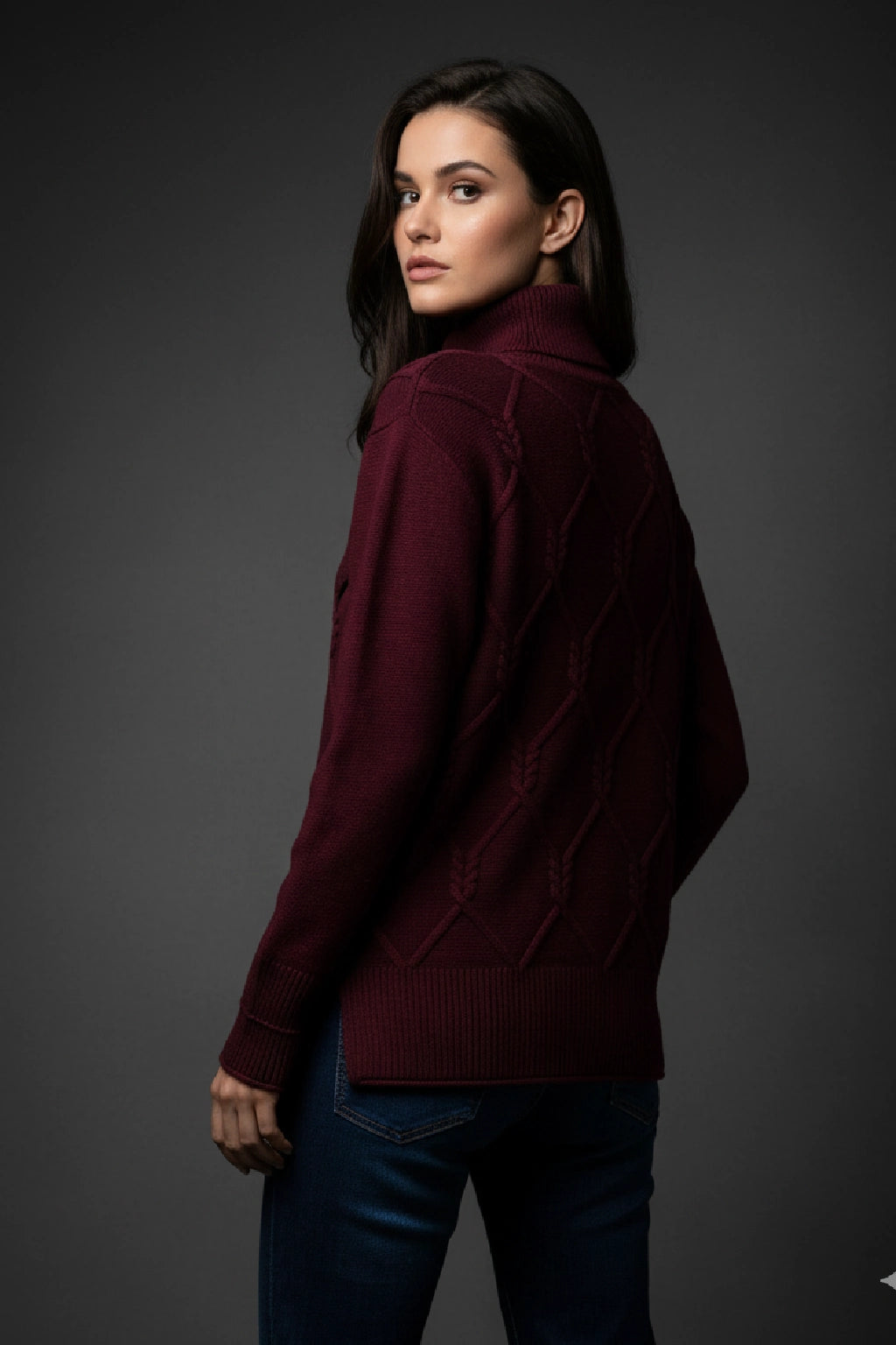 Women's Diamond Knit Polo Neck Jumper