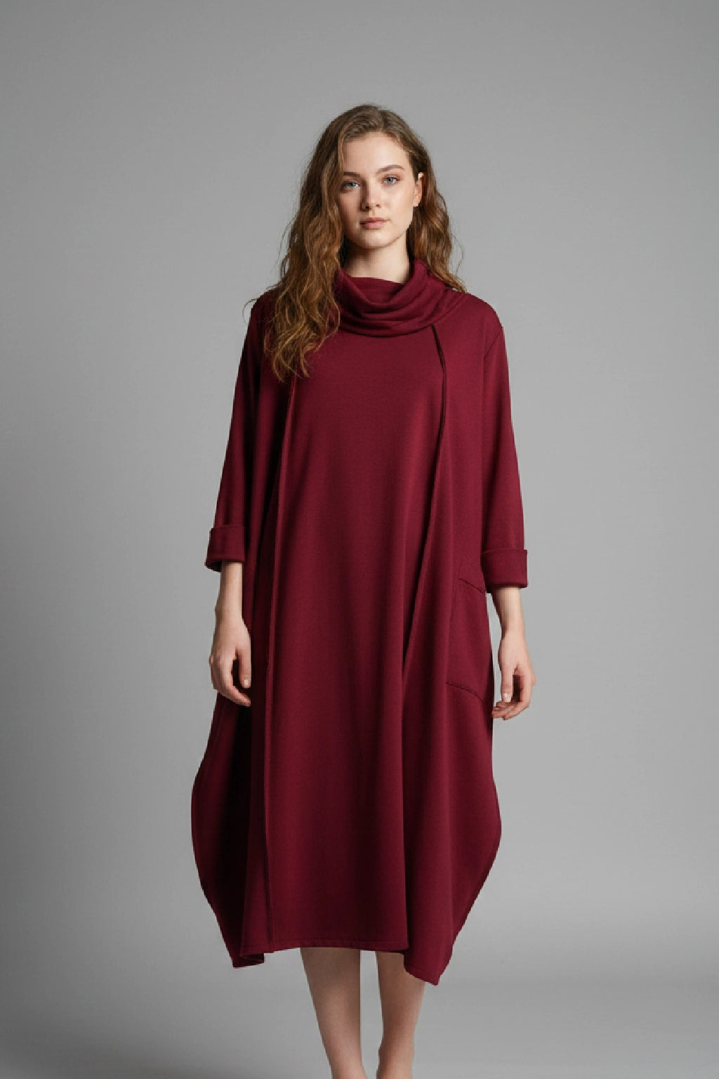 Oversized Long-Sleeve Casual Midi Dress with Cowl Neck