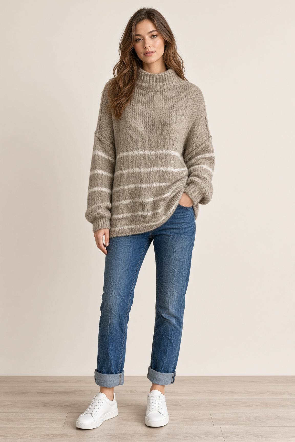Wool Stripe Balloon Sleeve Jumper