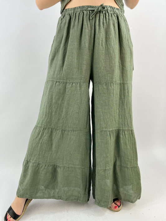 Made in Italy Linen Tier Palazzo Trousers | Wide Leg Lagenlook Pants